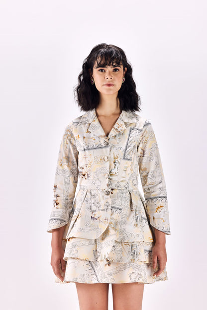 Button-Up Renaissance King Print Twill Layered Short Dress