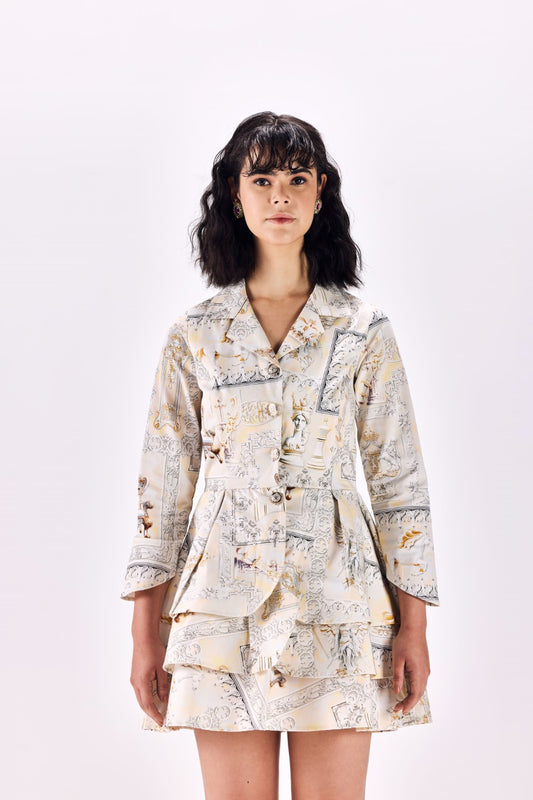 Button-Up Renaissance King Print Twill Layered Short Dress