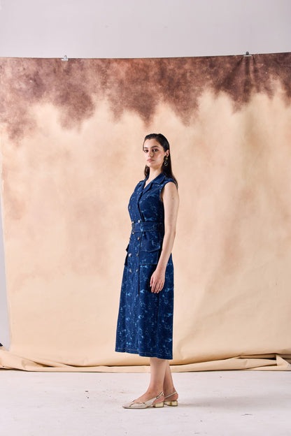 Double Breasted Belted Trench Midi Denim Dress