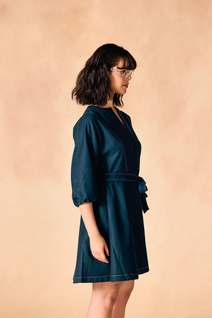 Contrast Stitch Tie Waist Flared Denim Tweed Dress