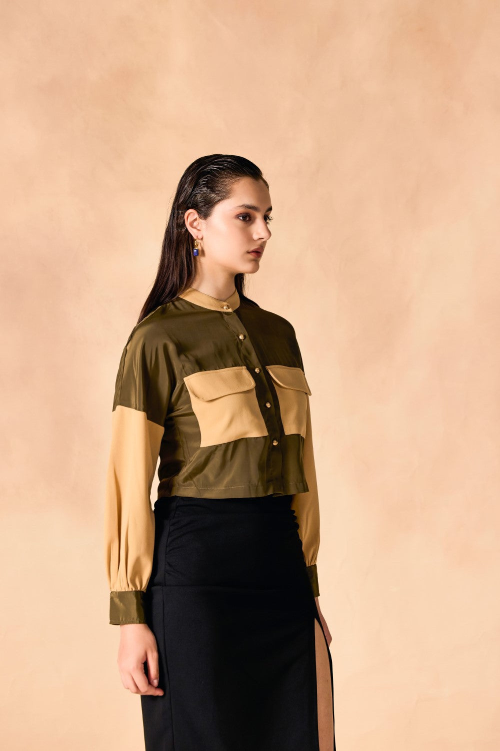 Colorblocked Front Pocket Button-Down Crop Shirt