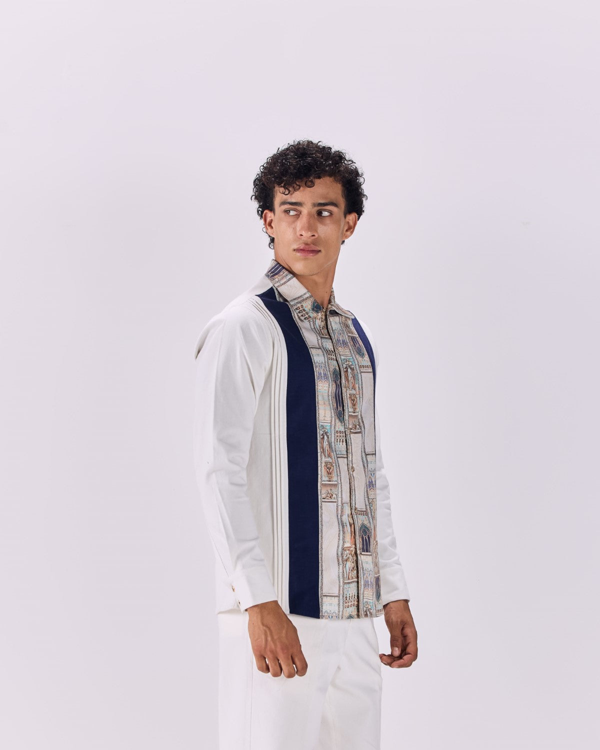 Pintuck Pleated Ancient Roman Print Button-Up Shirt