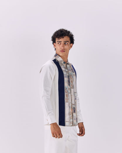 Pintuck Pleated Ancient Roman Print Button-Up Shirt