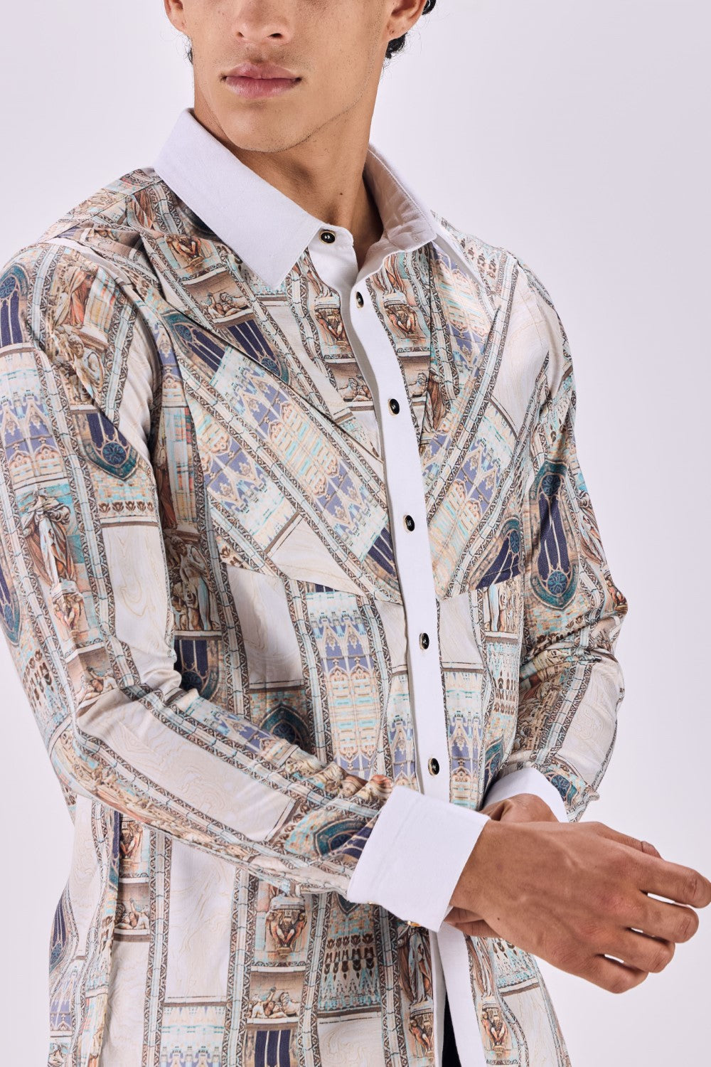 Contrast Collar Ancient Roman Print Button-Up Shirt