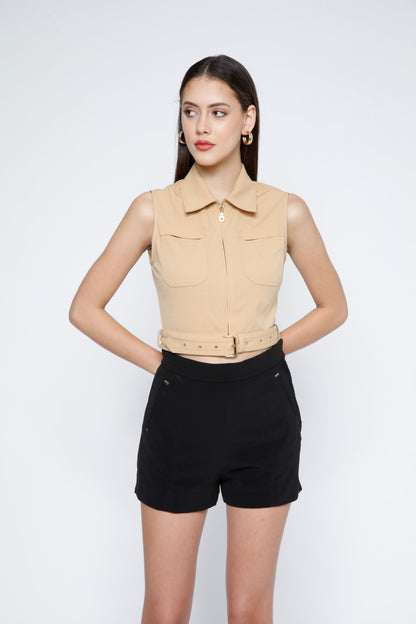 Gold Metal Zip Belted Crop Top
