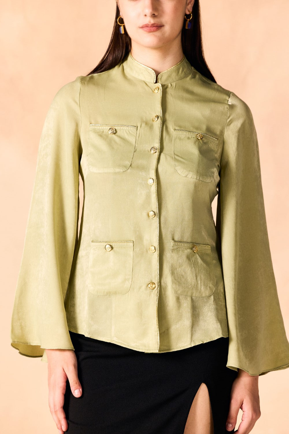 Gold Piped Trim Bell Sleeves Shirt