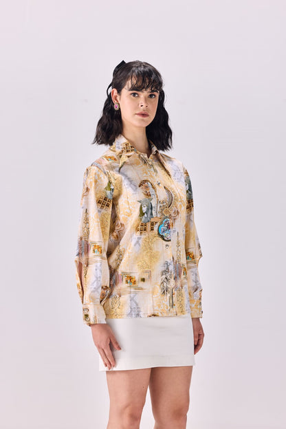Pintuck Pleated Button-Up Kingdom of Egypt Print Shirt