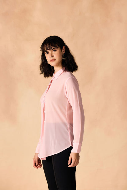Pink Sheer Georgette Pleated Placket Full Sleeves Casual Shirt