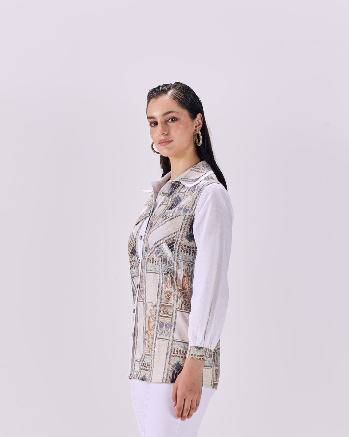 Double Collar Button-Up Ancient Roman  Print Shirt