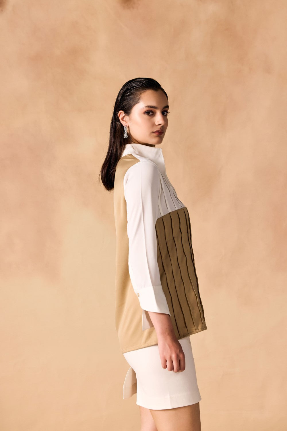 Two-Tone Pintuck Pleated Button-up Satin Shirt