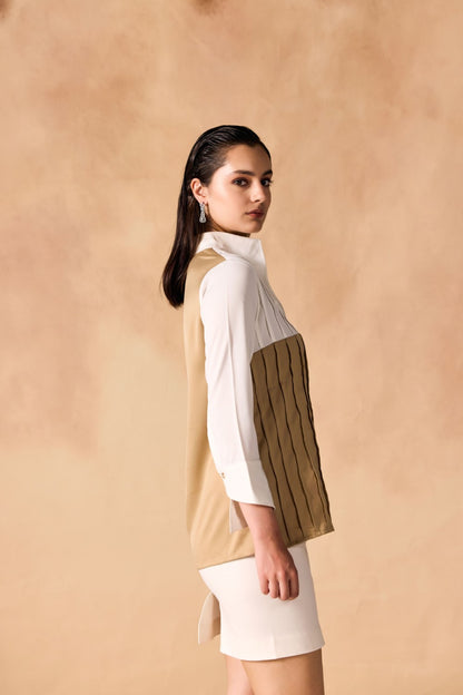 Two-Tone Pintuck Pleated Button-up Satin Shirt
