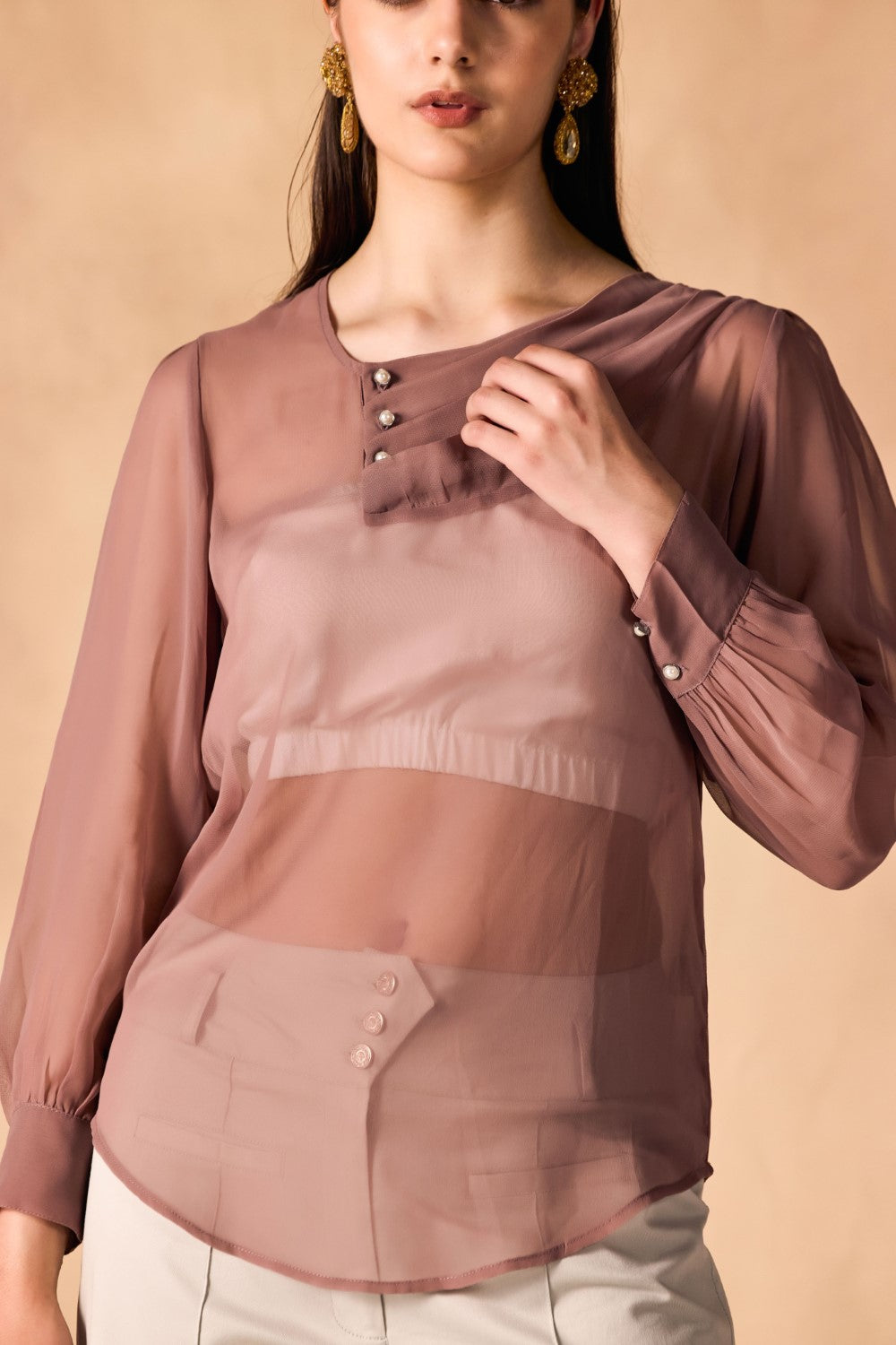 Pleated Pearl Buttoned Yoke Georgette Top
