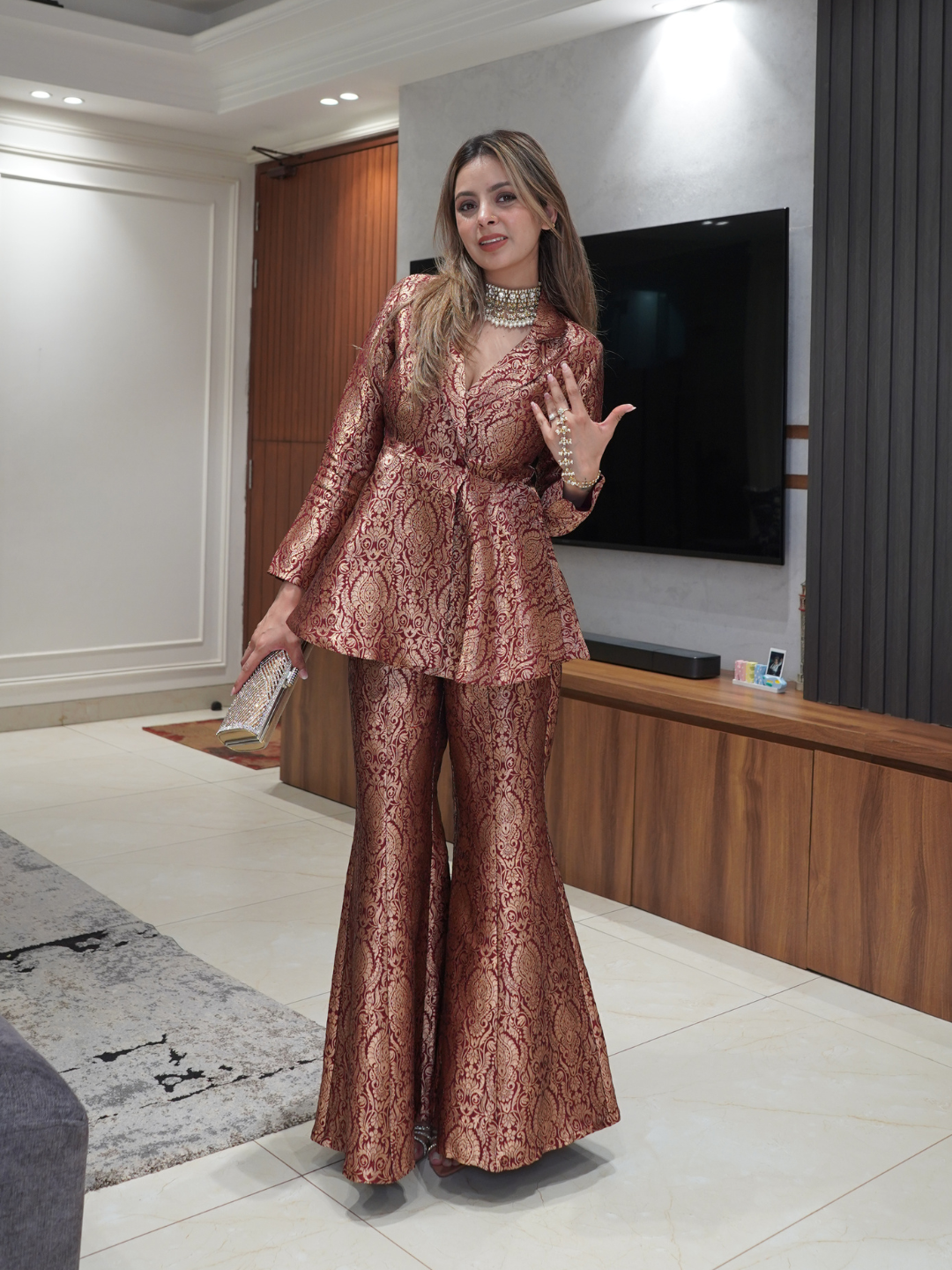 Golden Sage Peplum Top with Flared Pants