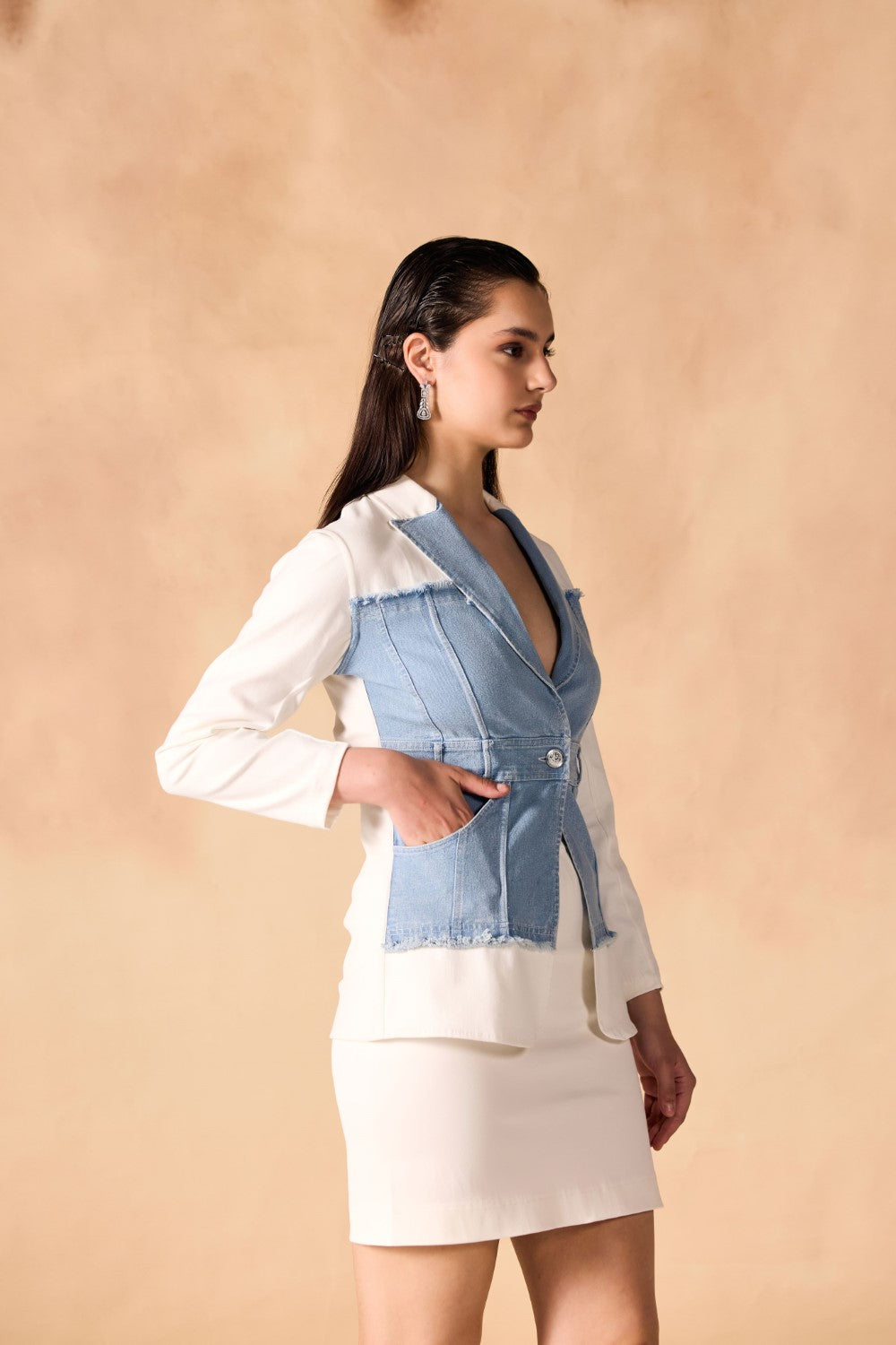 Denim Paneled Fringed Twill Structured Jacket