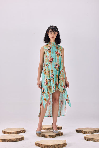 High Neck Vintage Floral Stripe Cotton Dobby Shift Dress