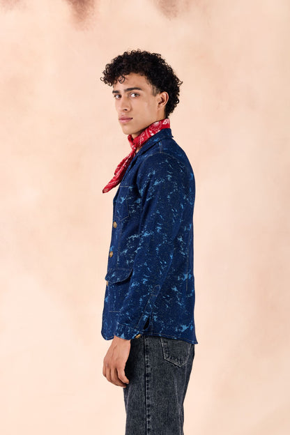 Lapel Collar Button-Up Textured Denim Blazer Jacket