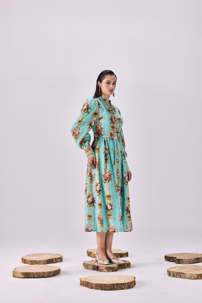 Vintage Floral Stripe Button-Up Maxi Shirtdress