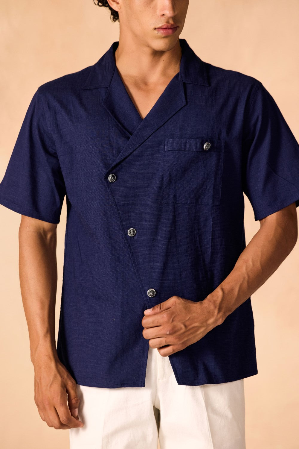 Overlapping Notched Lapel Collar Casual Cotton Shirt