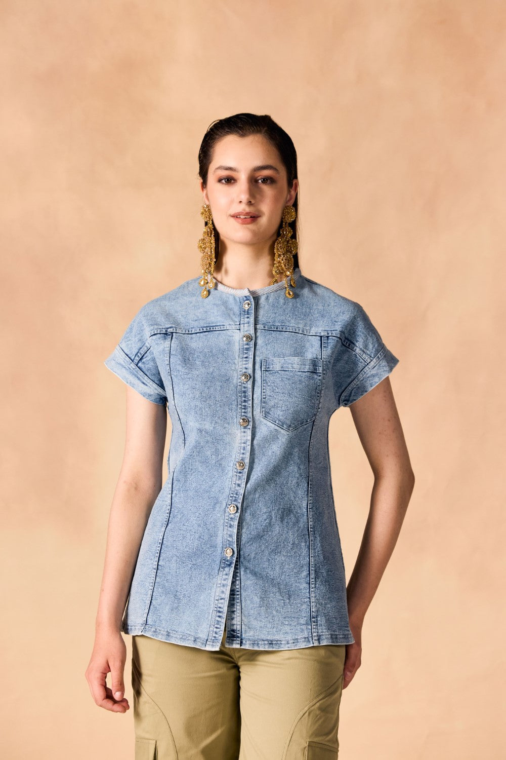 Short Sleeve Button-Up Stone Washed Denim Shirt