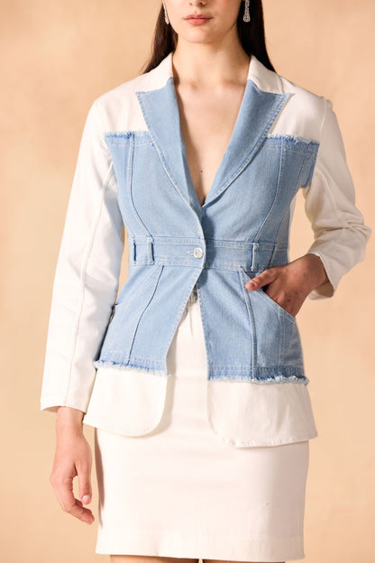 Denim Paneled Fringed Twill Structured Jacket