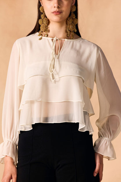 Casual Layered White Georgette Crop Top