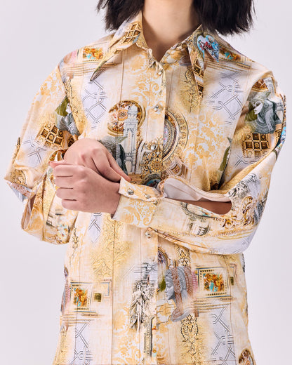 Pintuck Pleated Button-Up Kingdom of Egypt Print Shirt