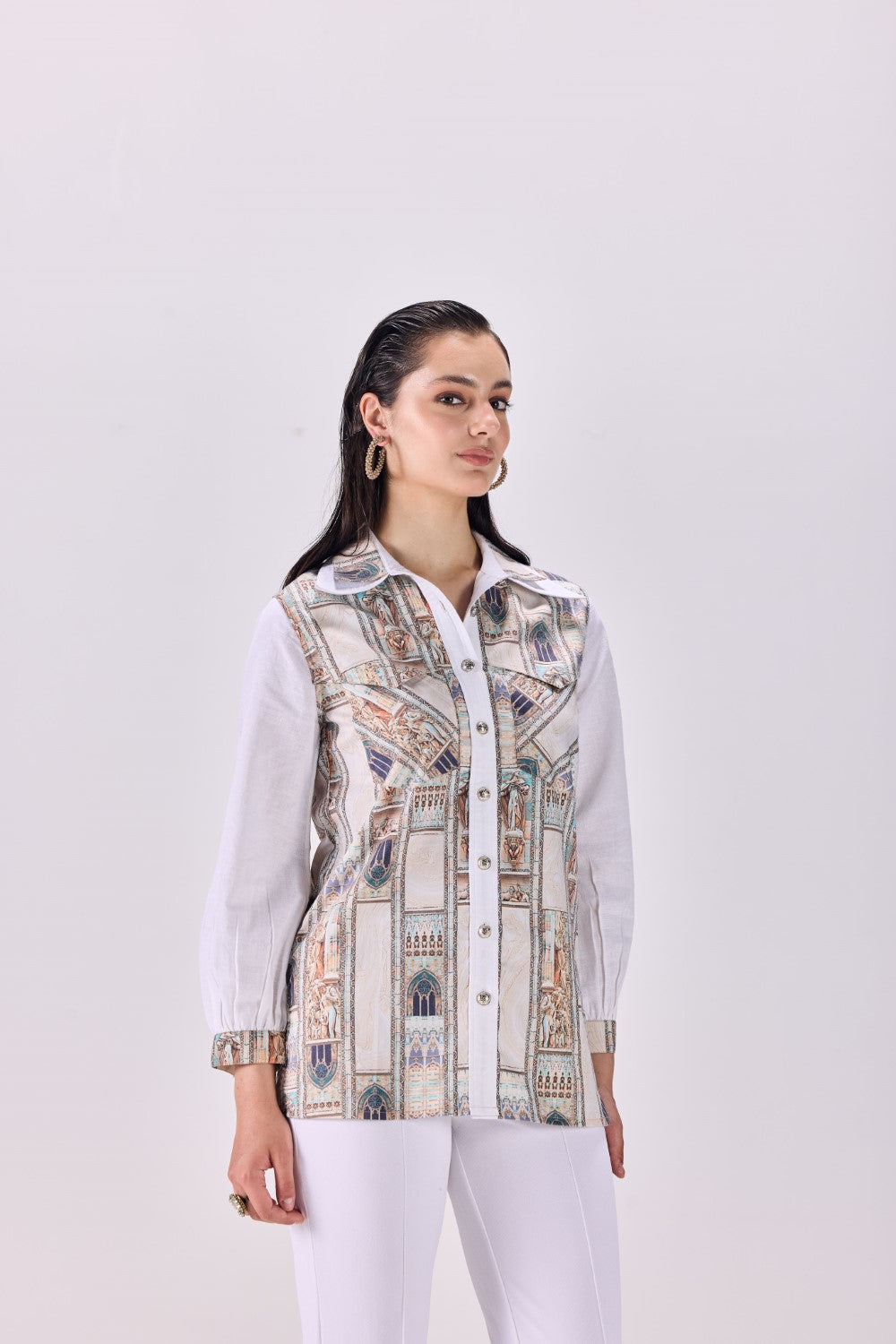 Double Collar Button-Up Ancient Roman  Print Shirt