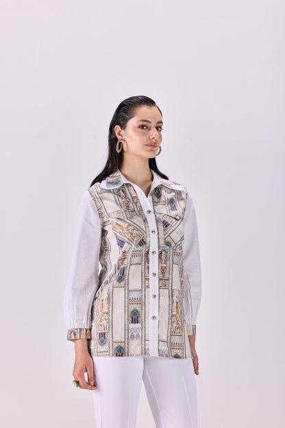 Double Collar Button-Up Ancient Roman  Print Shirt