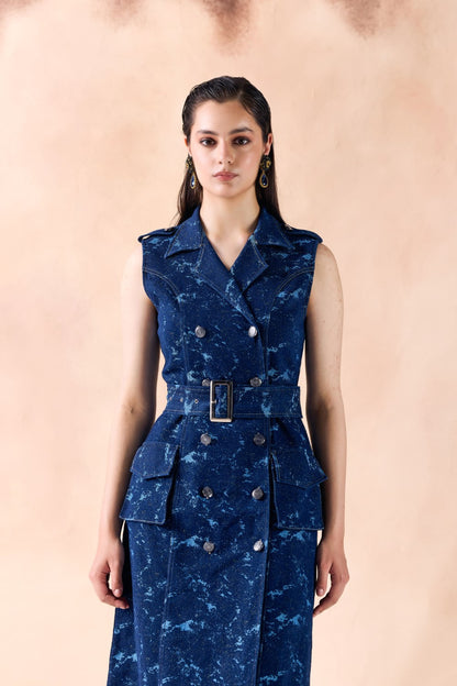 Double Breasted Belted Trench Midi Denim Dress