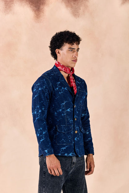 Lapel Collar Button-Up Textured Denim Blazer Jacket