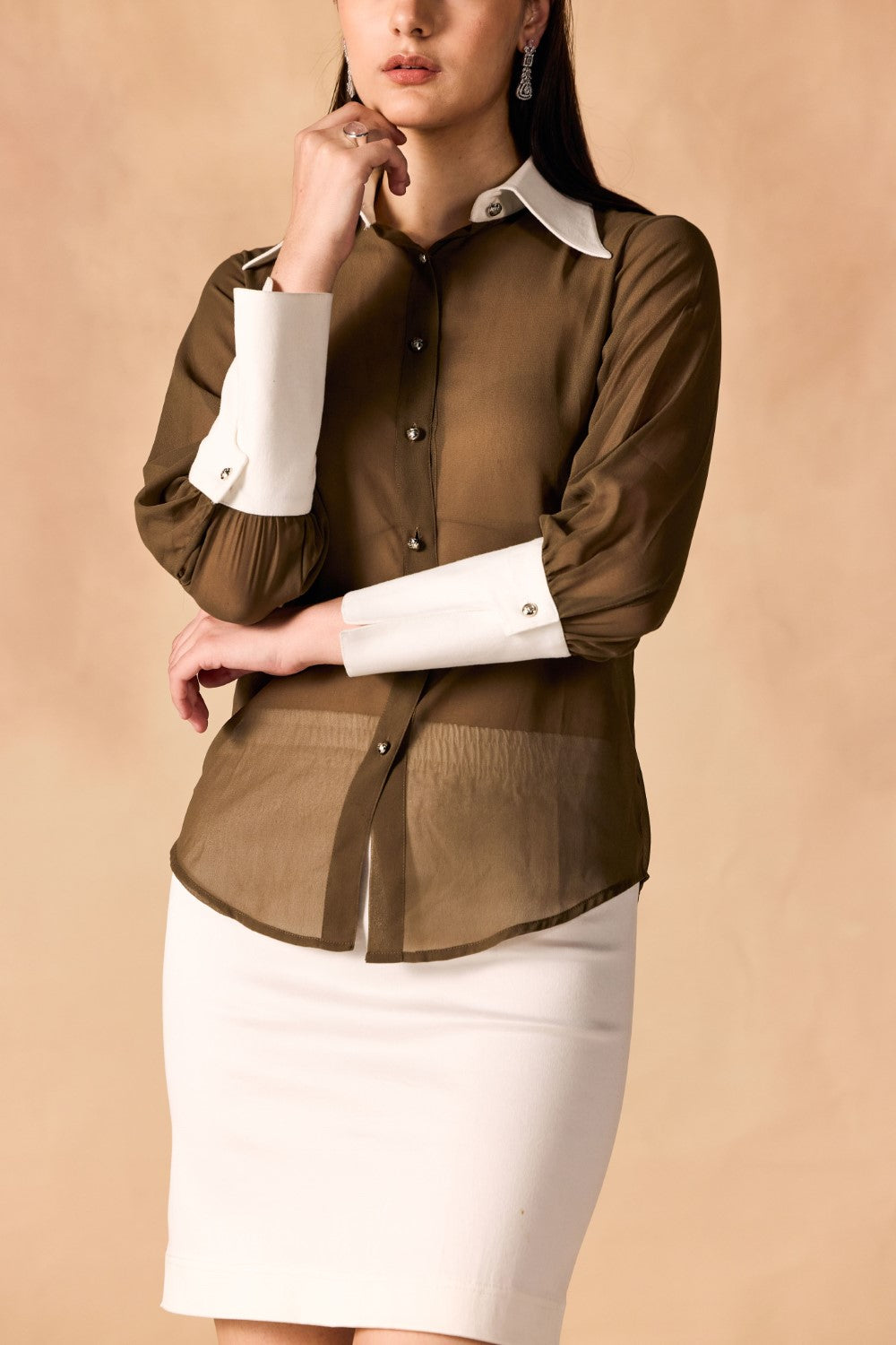 Button-Up Contrast Collar & Oversized Cuffs Georgette Sheer Shirt