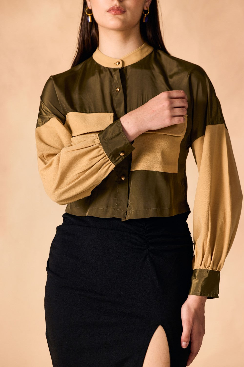 Colorblocked Front Pocket Button-Down Crop Shirt