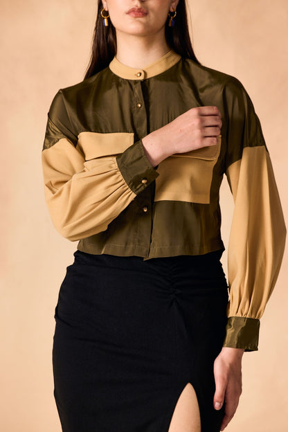 Colorblocked Front Pocket Button-Down Crop Shirt