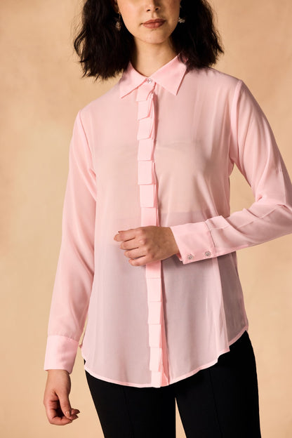 Pink Sheer Georgette Pleated Placket Full Sleeves Casual Shirt