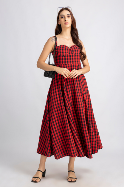 Crimson Check Midi Dress