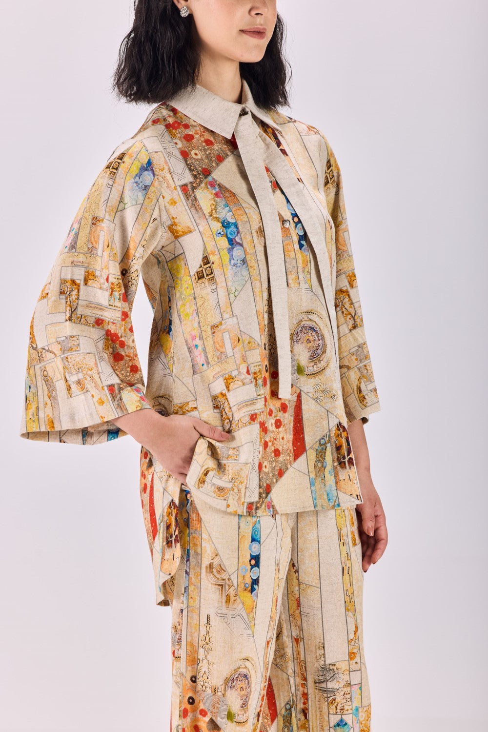 Nouvean Art Print Tie Neck Top & Pant Co-ord Set