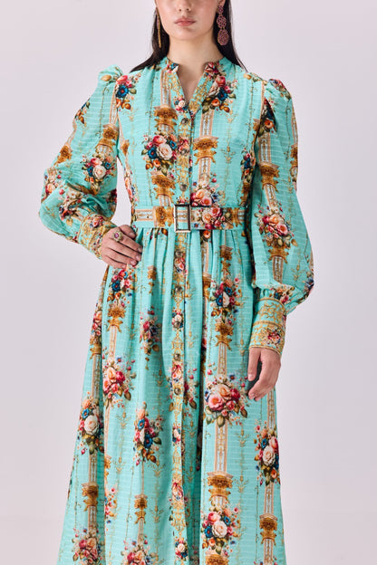 Vintage Floral Stripe Button-Up Maxi Shirtdress