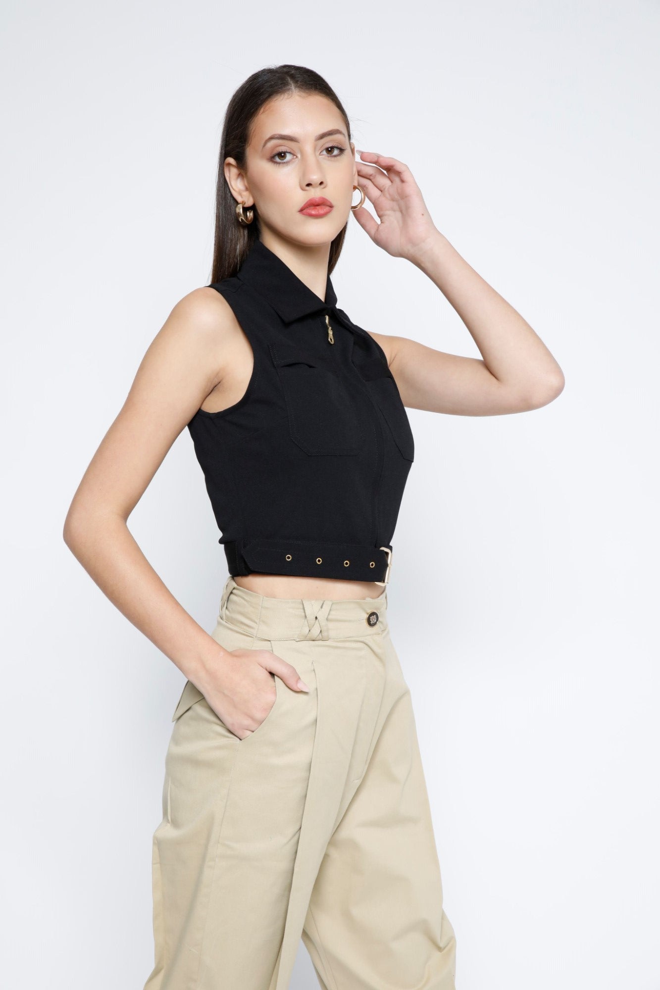 Gold Metal Zip Belted Crop Top