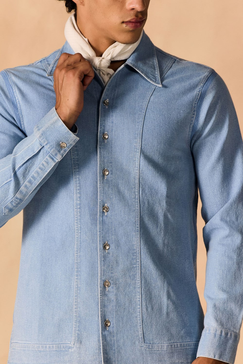 Ice Wash Denim Button-Up Paneled Shirt