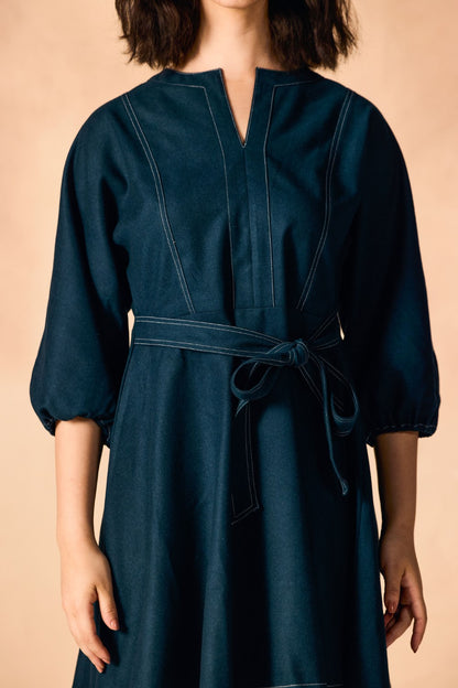 Contrast Stitch Tie Waist Flared Denim Tweed Dress