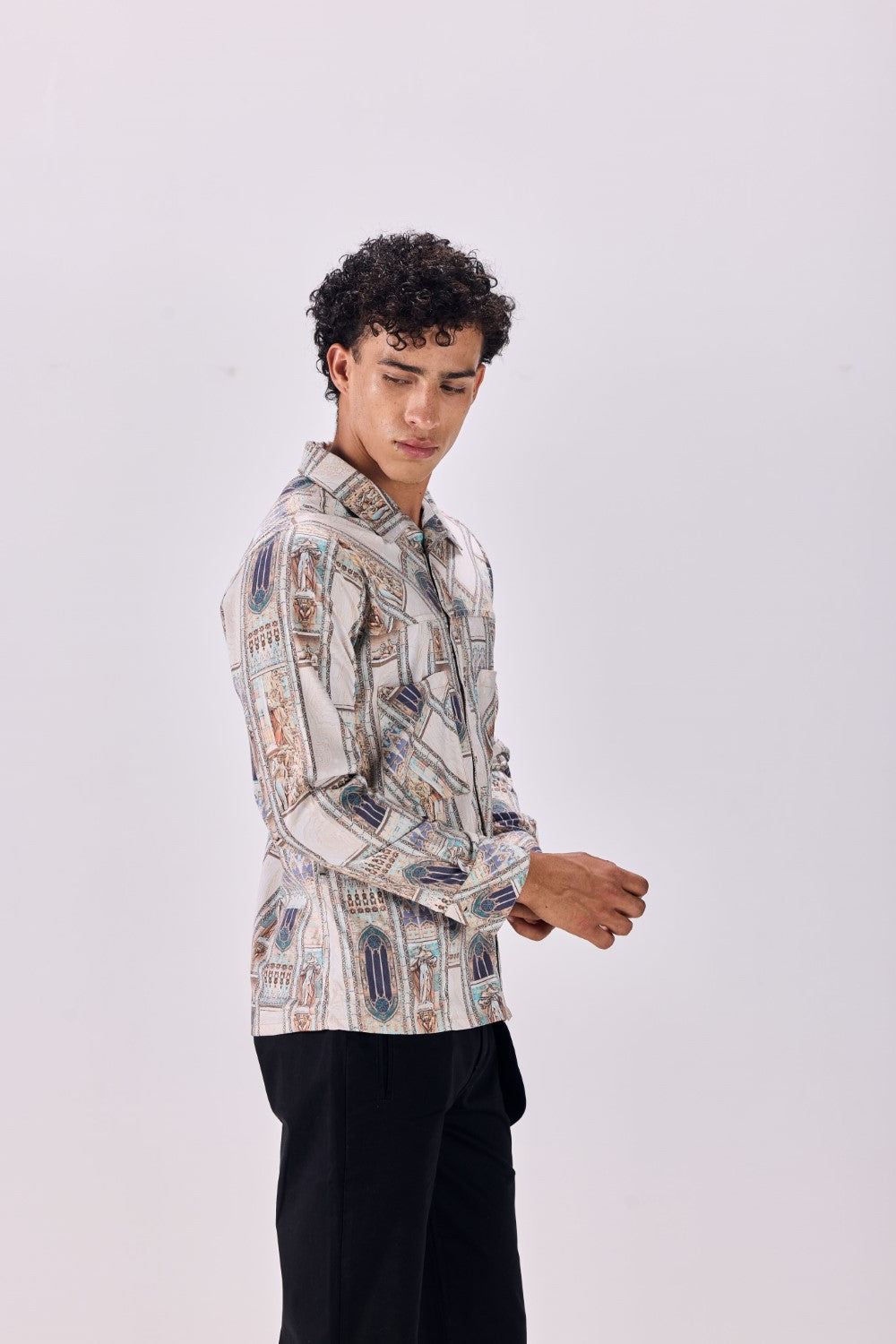 Ancient Roman Print Button-Up Drop Pocket Shirt