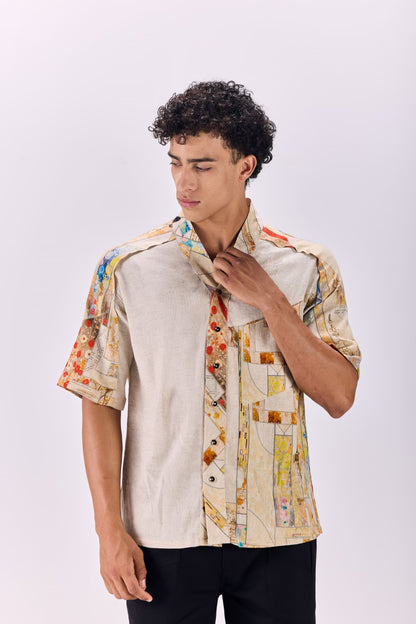 Nouvean Art Print V-Neck Paneled Shirt