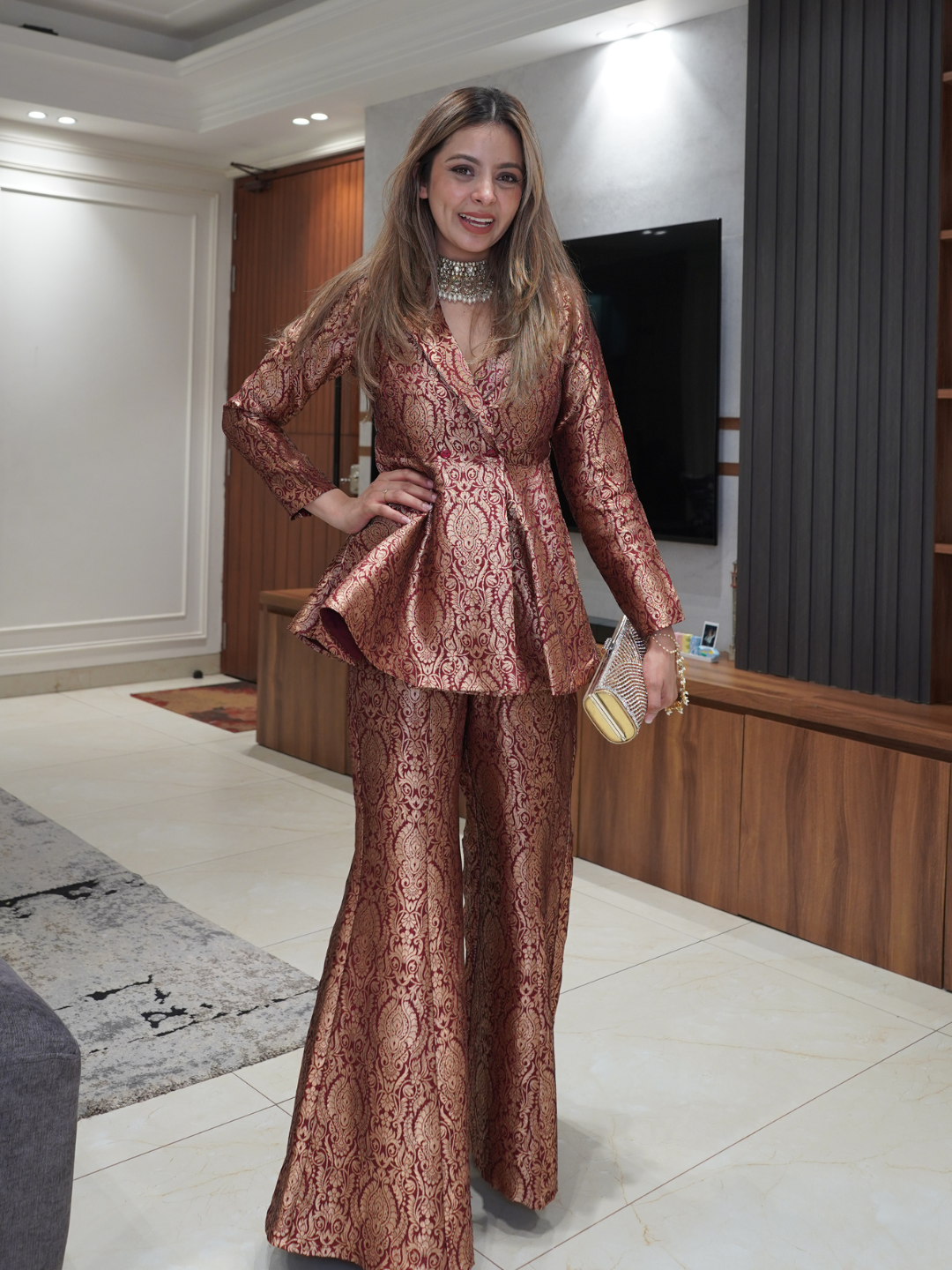 Golden Sage Peplum Top with Flared Pants