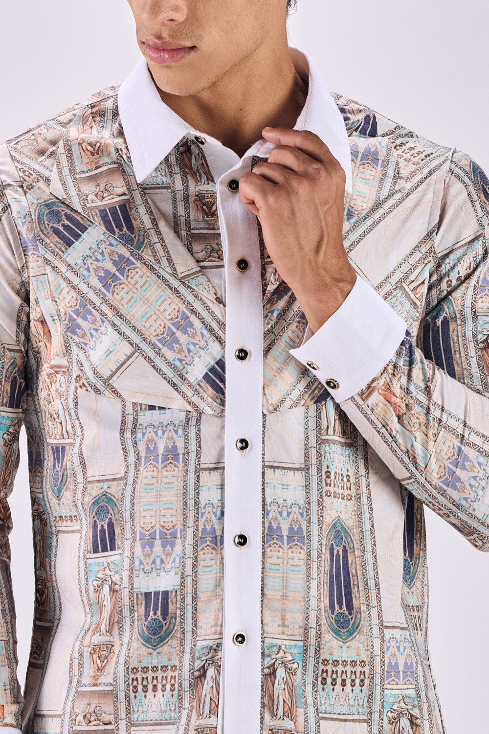 Contrast Collar Ancient Roman Print Button-Up Shirt