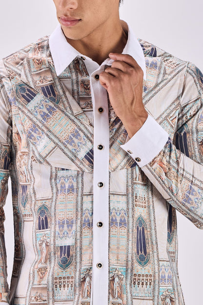 Contrast Collar Ancient Roman Print Button-Up Shirt