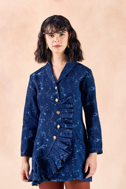 Lapel Collar Frilled Blazer Textured Denim Short Dress