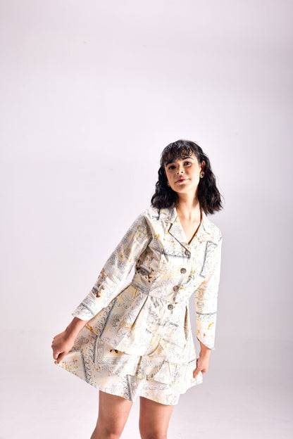 Button-Up Renaissance King Print Twill Layered Short Dress