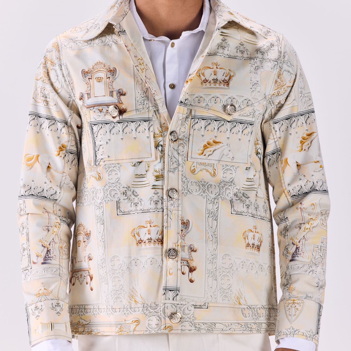 Timeless Button-Up Renaissance King's Life Printed Twill Jacket