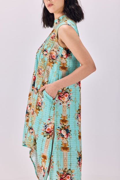 High Neck Vintage Floral Stripe Cotton Dobby Shift Dress