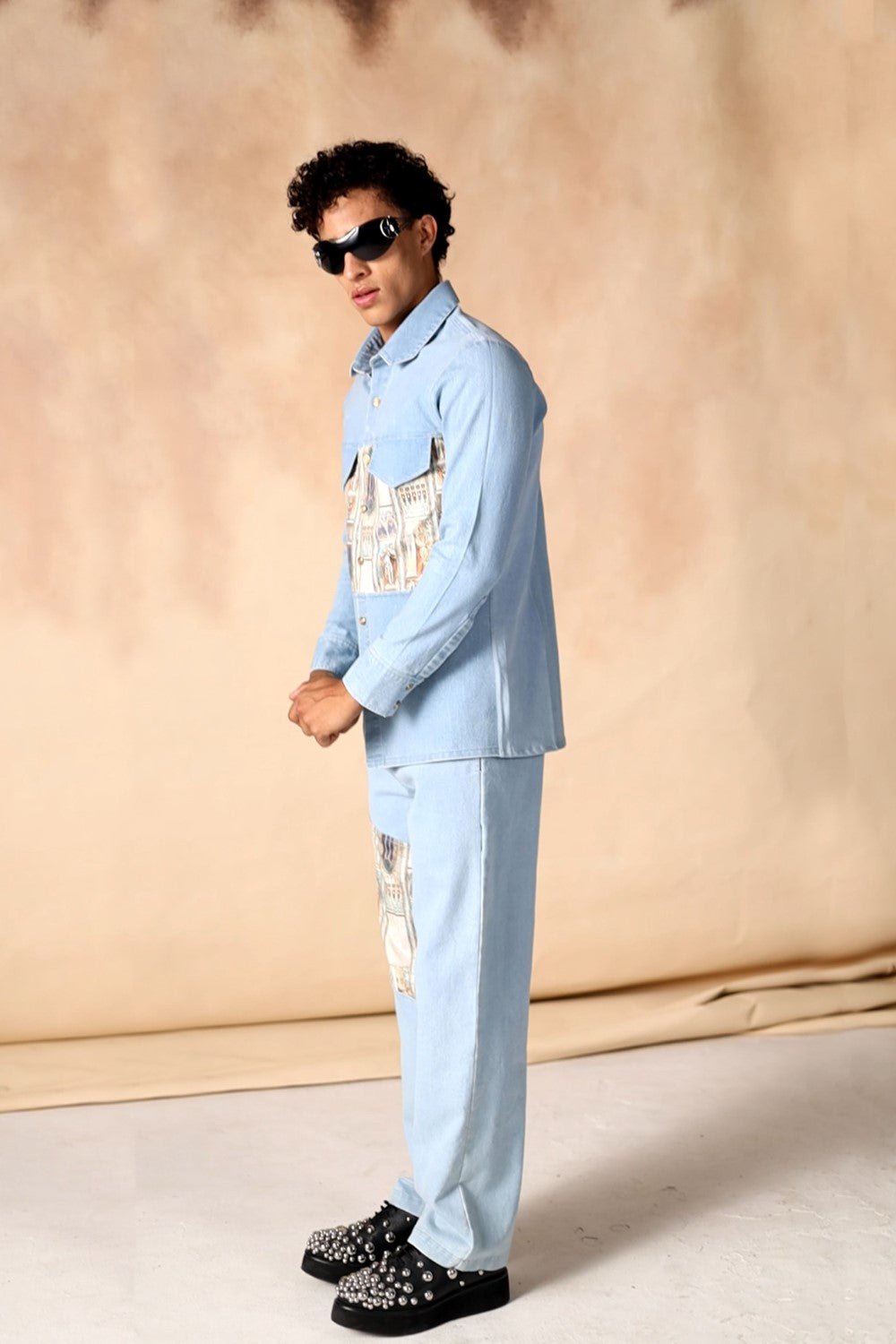 Ancient Roman Print Yoke Denim Shirt & Trouser Co-ord Set